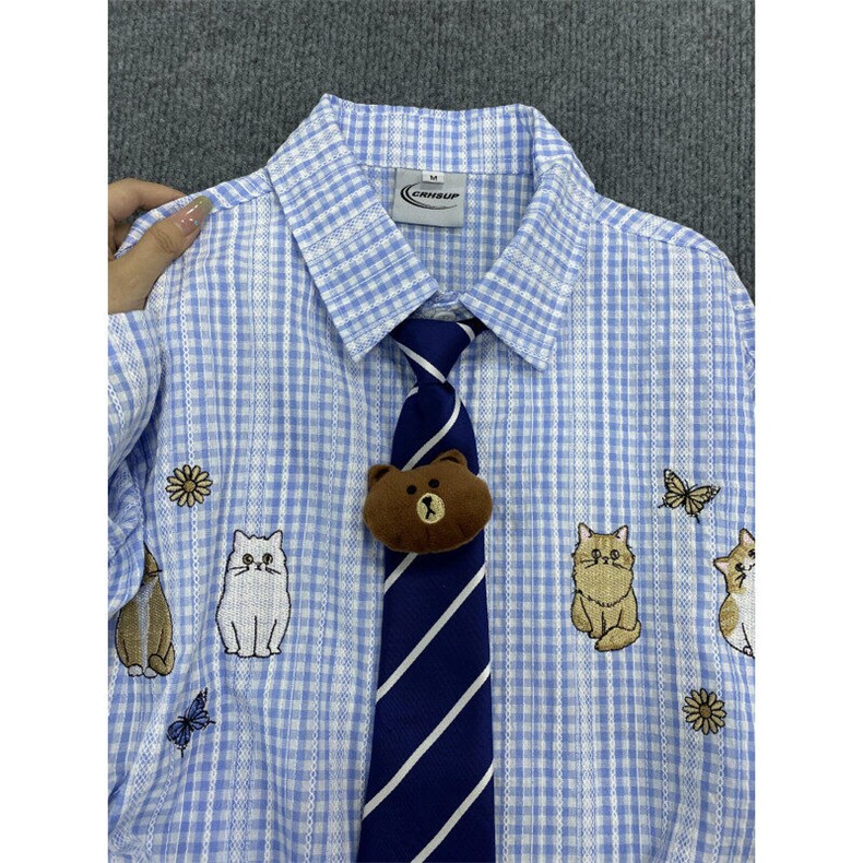 【有货】BK935CC-特P38复古小猫刺绣格子短袖衬衫男女,男装T恤,星座1007（原301D）