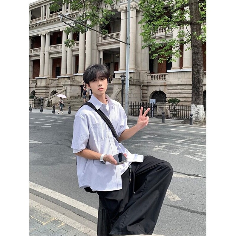 网图现货美式宽松复古条纹短袖衬衫男C14/特P30,男装T恤,星座205-3