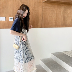 法式流苏蕾丝吊带裙罩衫套装女2025夏季新款宽松百搭T恤裙两件套，女装连衣裙，2C166