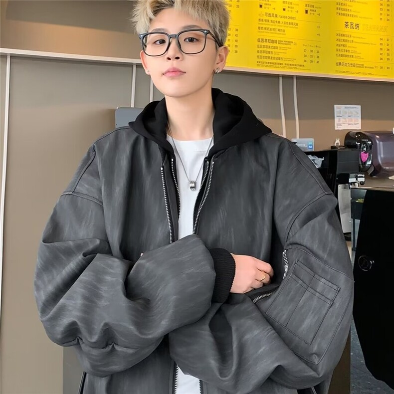 JK8539-P77 2025新款重磅设计假两件连帽皮衣外套男美式复古工装图片
