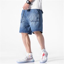 2021夏季新日系大码纯色休闲男工装五分裤宽松牛仔短裤K8137-P45，男装牛仔裤，电商A001