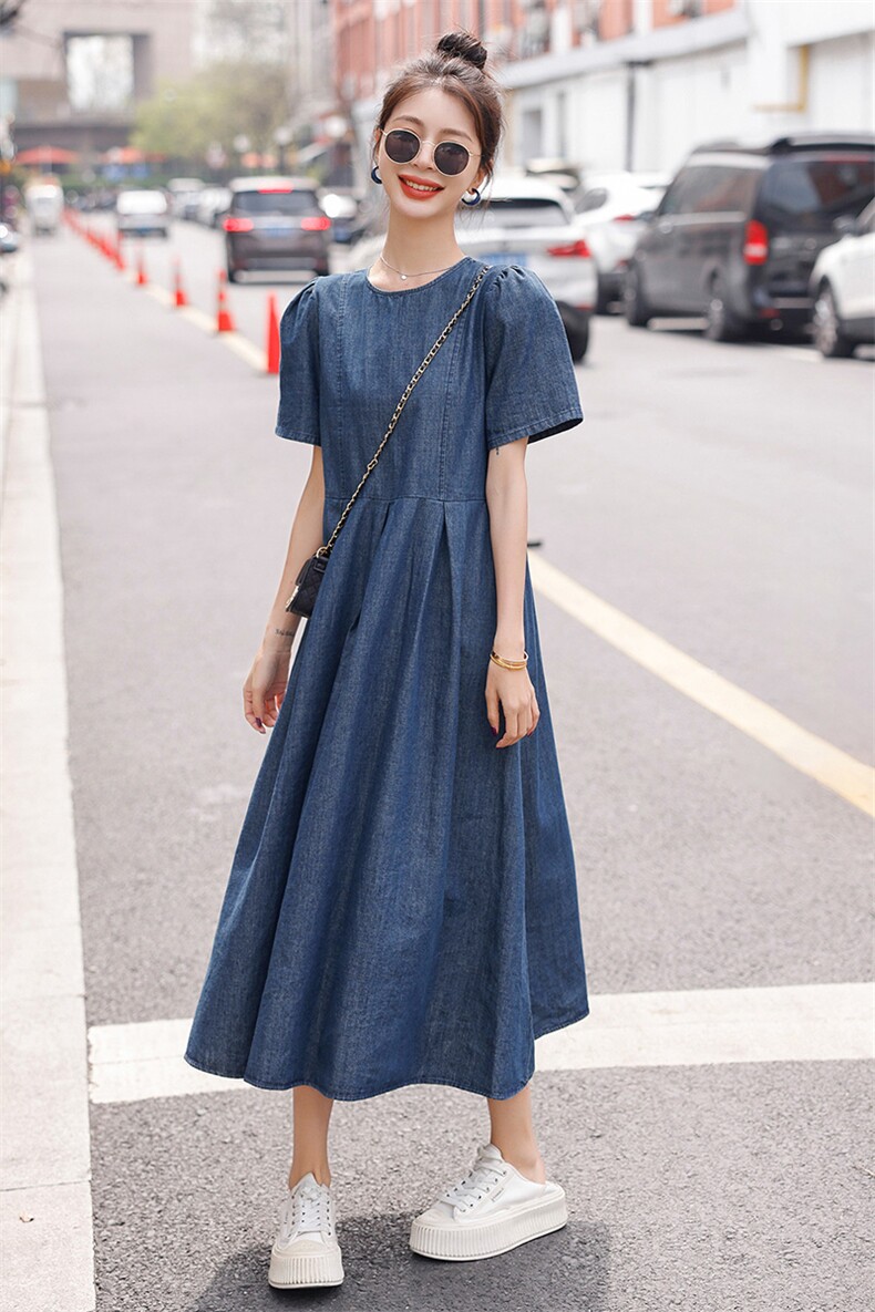 现货2023时尚牛仔连衣裙韩版修身气质长款长裙短袖,女装连衣裙,钱塘布衣