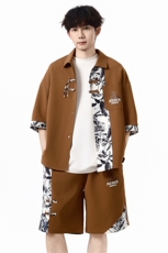 新中式竹纹拼接短袖衬衫夏季风潮牌半袖衬衣外套A436-T18-P65，男装衬衫，电商A436