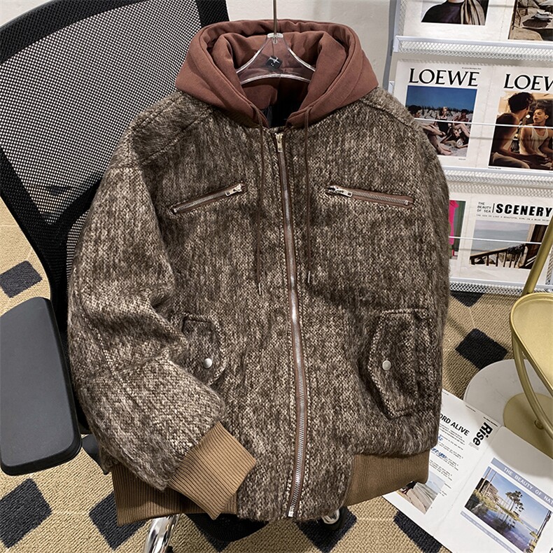 秋冬季毛呢假两件连帽外套潮流宽松加厚保暖棉服,男装棉衣,星座410-6（原星座1304-1）