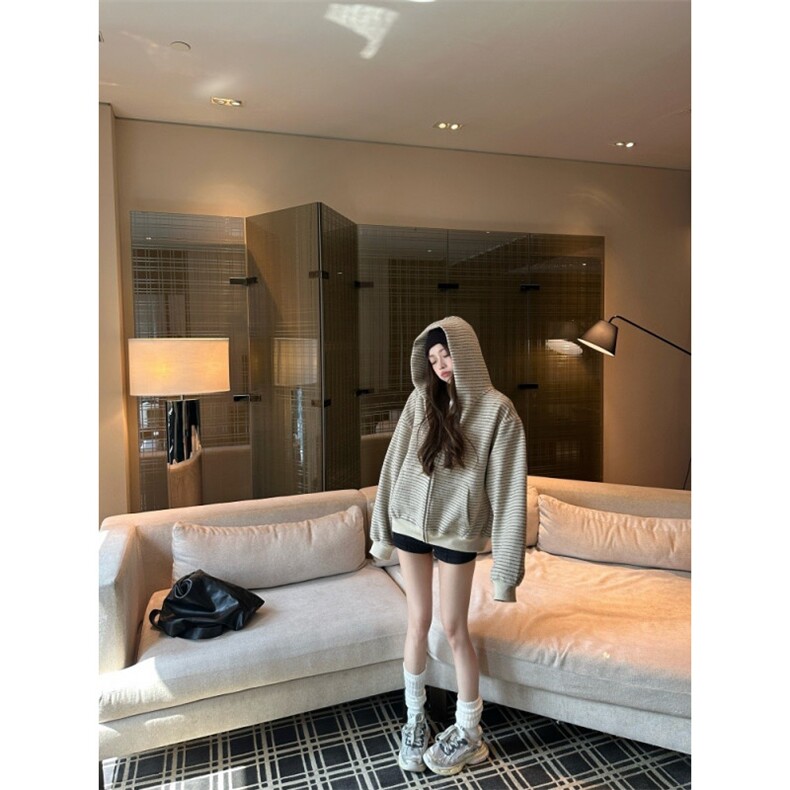 网图条纹连帽拉链外套男2025新款设计感宽松美式开衫卫衣特P68,女装短外套,电商C306-1
