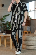 男士夏季风汉服棉麻透气舒适复古开衫唐装两件套HO6929-P65，男装民族服装，星座1105-3