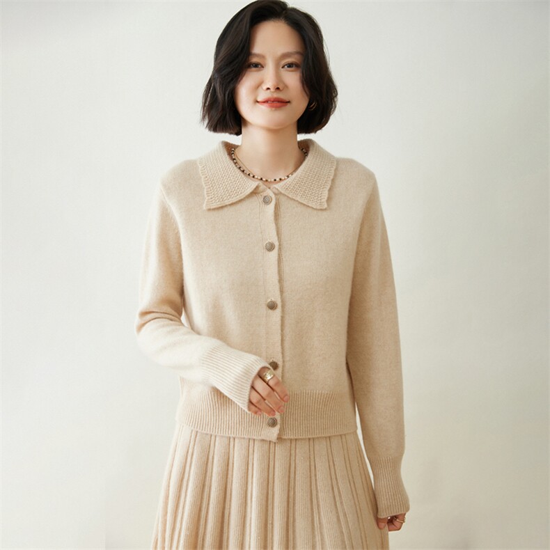时尚百搭镂空领女士羊绒开衫优雅显瘦长袖针织衫,女装羊绒衫,迎冬羊绒