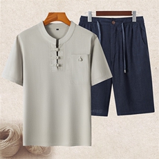 长期货主推夏装男士风棉麻短袖套装中老年爸爸装亚麻盘扣套装，男装T恤，钱塘723