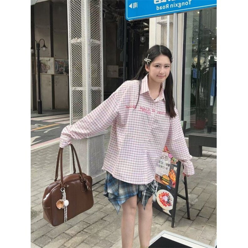 TC642-P45格子Polo领防晒衬衫女字母设计感修身显瘦百搭上衣图片