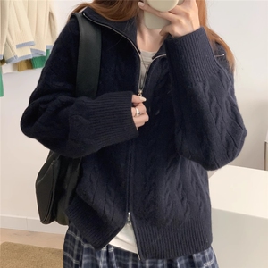 新款女装羊毛高领扭花拉链开衫百搭显瘦保暖针织衫时尚休闲外套