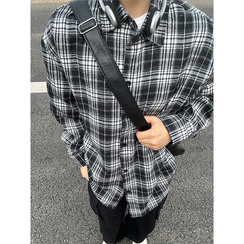 格子翻领长袖衬衫男宽松港风休闲百搭外套大码衬衣CS275-P35,男装衬衫,星座301C-5