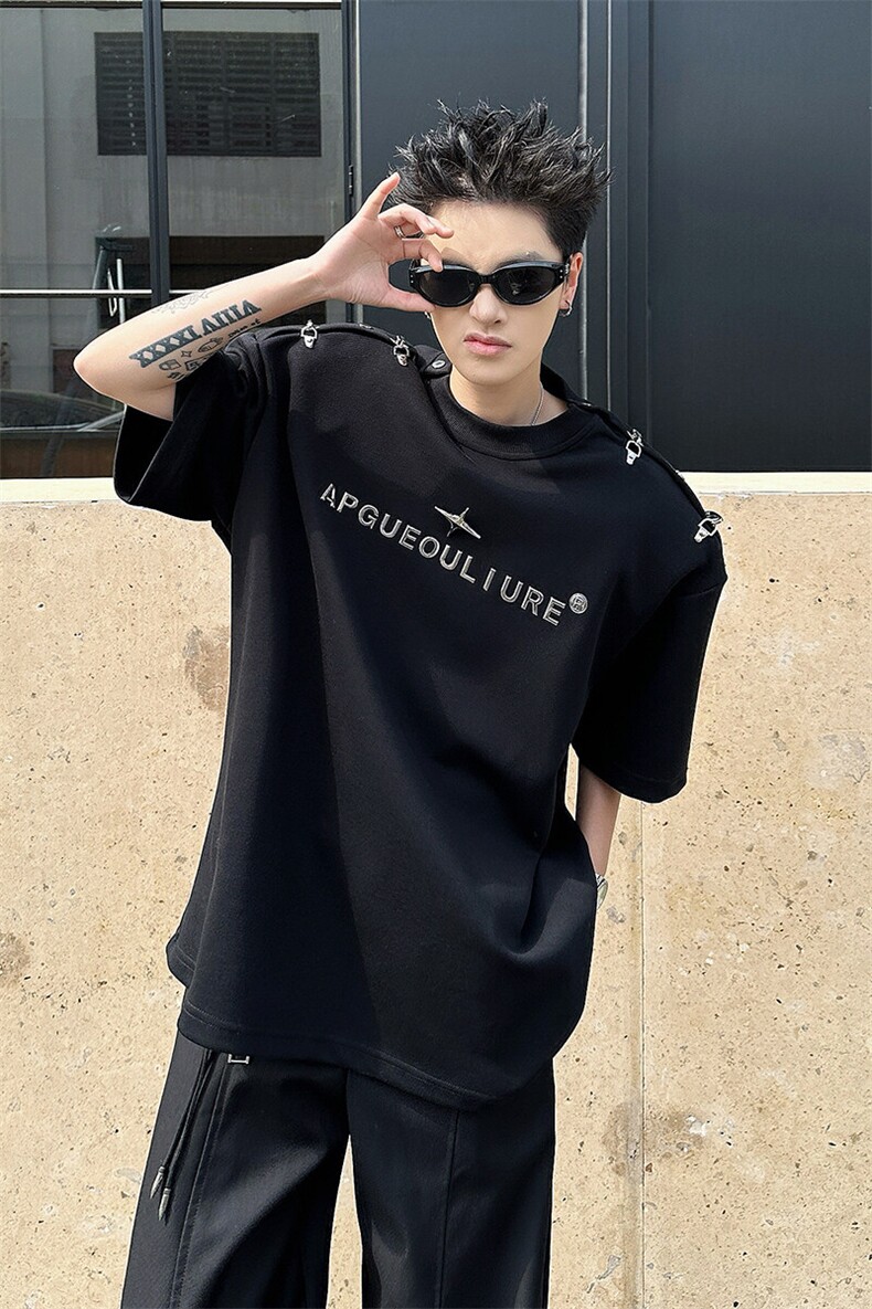 8XL-M夏季小众解构飞机扣一字肩设计稿短袖立体T恤卫衣男DX331P58,男装T恤,电商D206-1