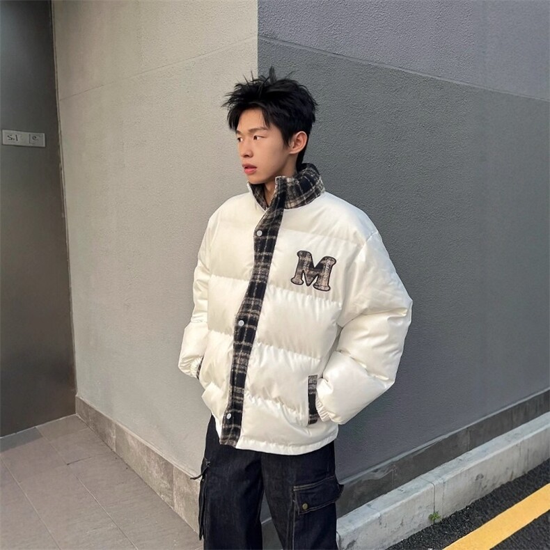 假两件美式复古格子拼接刺绣棉衣面包服MJK101-P73图片