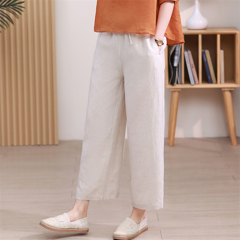 棉麻女夏装2025年夏季新款休闲洋气中年妈妈亚麻阔腿裤,女装休闲裤,希欧阁