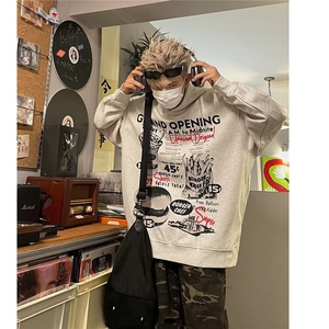 美式复古手绘印花连帽卫衣女花灰色潮牌情侣外套新款连帽套头常规图片