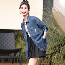 欧洲站牛仔衬衫女中长款2024春秋新款韩版宽松小个子衬衣外套上衣，女装衬衫，丽影随形