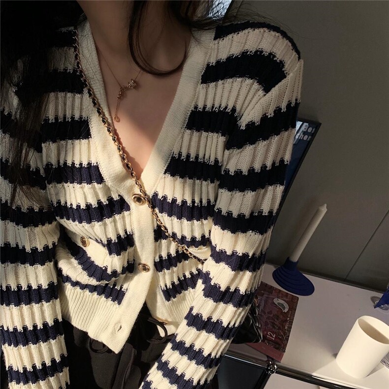 1337小香条纹开衫，女装，XTZ style