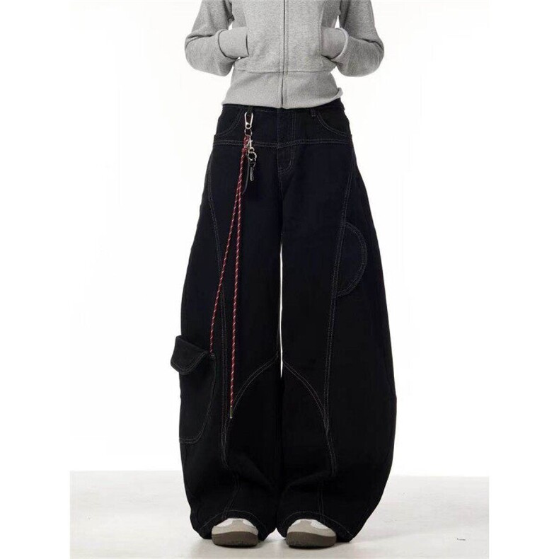 原版高质量春季新款新年红色牛仔裤男女潮解构弯刀宽松拖地长裤,男装牛仔裤,星座613