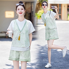 现货2024夏季新款重工绣花短裤两件套新中式气质套装，女装套装/套裙，星期衣