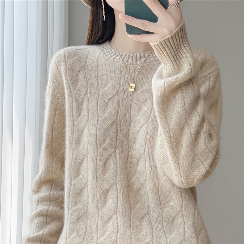 新款100%纯羊毛衫女圆领加厚大扭花打底衫宽松秋冬软糯百搭毛衣，女装羊毛衫，吉高羊绒