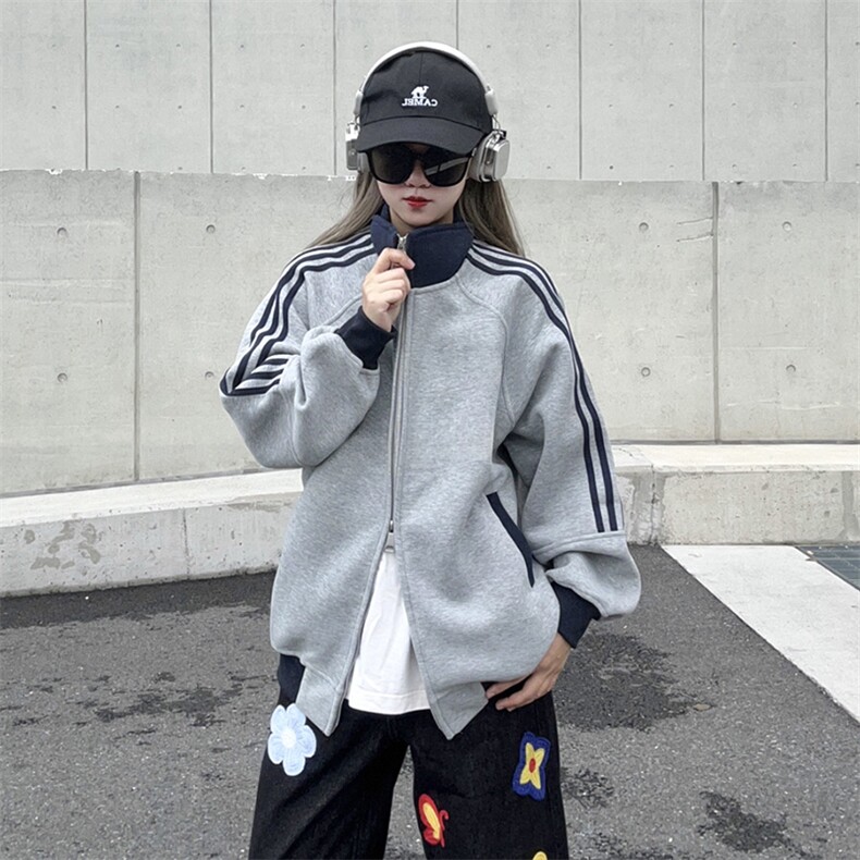 抖音得物高品质美式高街重磅结构设计拼接织带立领卫衣外套CM42，女装短外套，电商A486-1