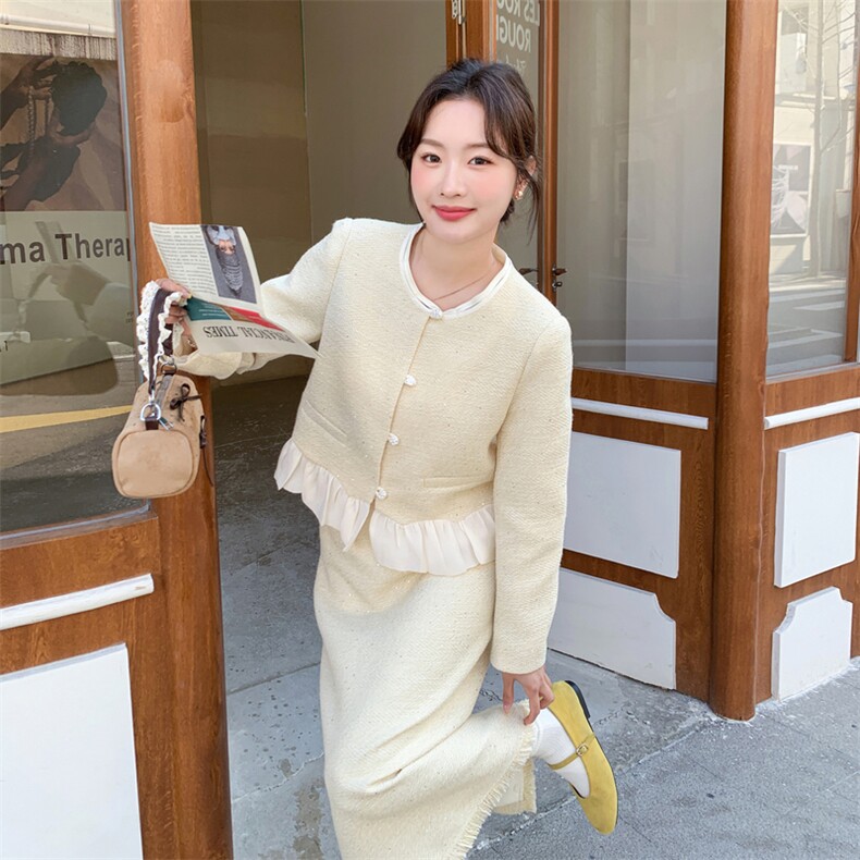 现货-2026年春季纯色拼接花边休闲时尚小香风两件套套装外套女，女装套装/套裙，霓裳依族