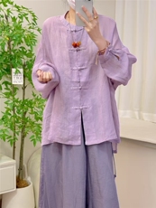 中式圆领竺麻净面开衫百搭简约，女装衬衫，湘姗