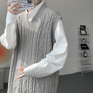 韩系叠穿复古麻花针织衫马甲男学院风早秋穿搭上衣服背心9097P58