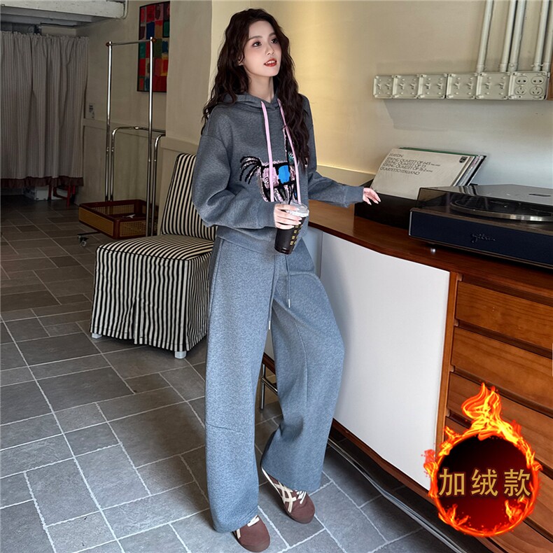 简约时尚休闲套装女秋冬新款韩系宽松显瘦连帽卫衣直筒长裤两件套图片