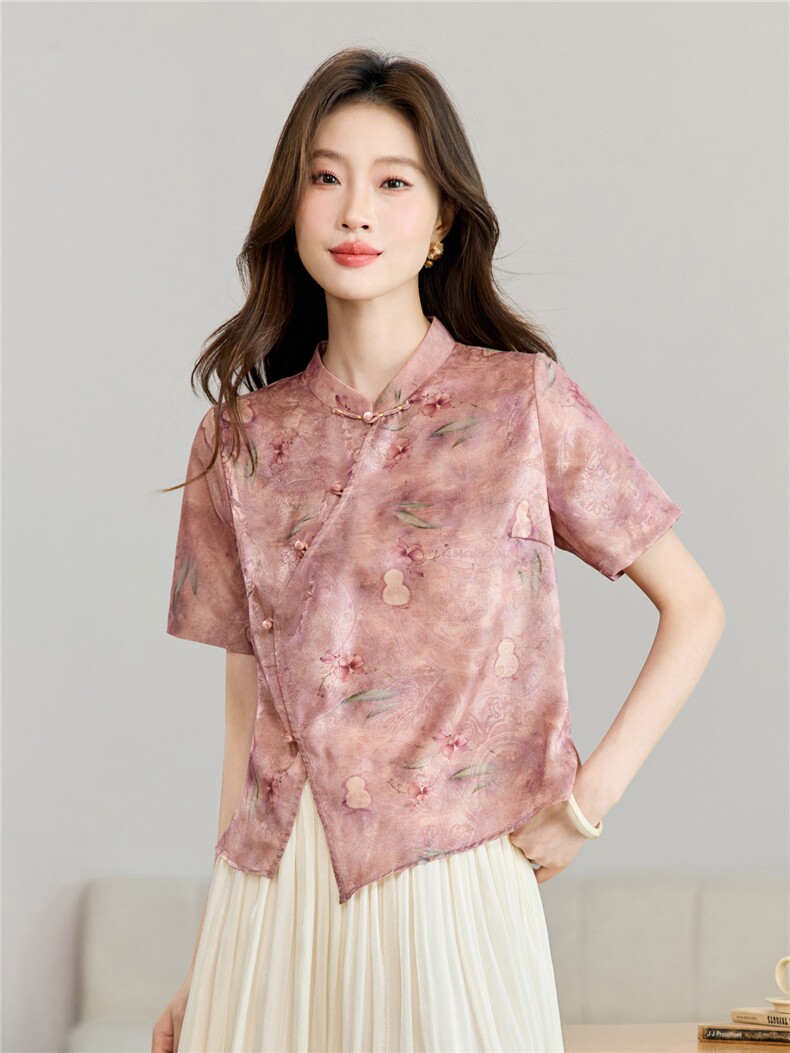 长期现货2026年夏季新款中式复古短袖小衬衫盘扣开衫上衣T恤女潮,女装T恤,璐依舞