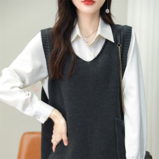 宽松大码纯棉针织马甲V领无袖毛衣全棉线坎肩加厚叠穿马夹上衣女，女装马甲，品高羊绒