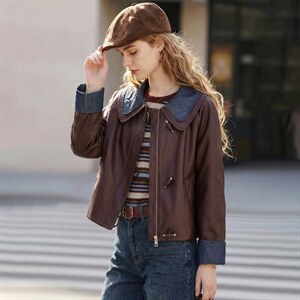 【春季女装新款】大量现货时尚相拼短款皮衣外套，女装皮衣，缘衣格