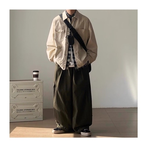 美式休闲翻领夹克男简约百搭秋季潮牌棉服水洗外套加肥加大码棉衣图片