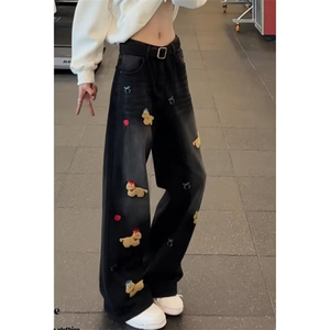 小狗贴布刺绣阔腿牛仔裤女秋季宽松休闲垂感拖地裤子 N9188图片