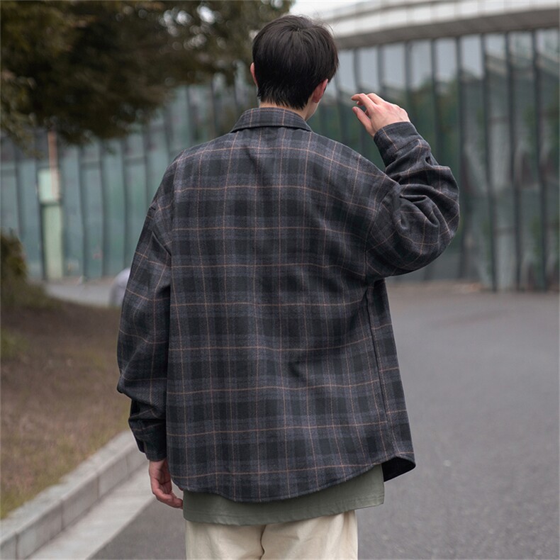 M-8XL秋冬潮牌宽松复古毛呢加厚格子衬衫XZ109-C2373-P80,男装衬衫,星座109