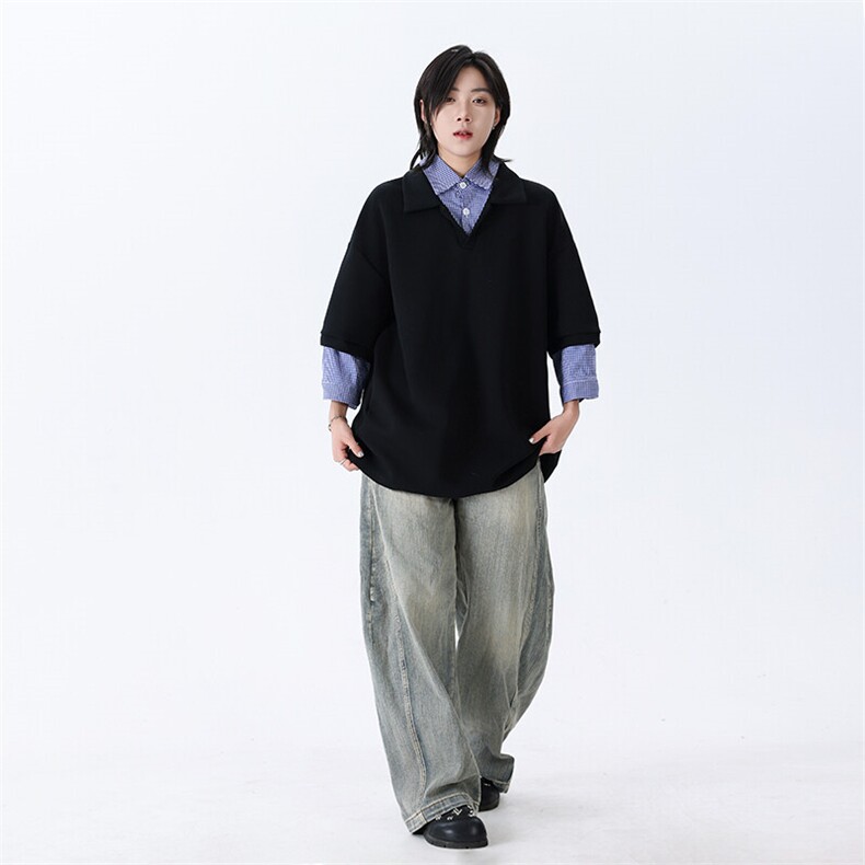 假两件短袖男款夏季潮牌衬衫拼接t恤美式学院风翻领上衣T501-P50,男装T恤,星座308B-1