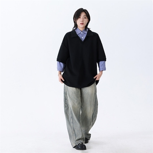 假两件短袖男款夏季潮牌衬衫拼接t恤美式学院风翻领上衣T501-P50图片