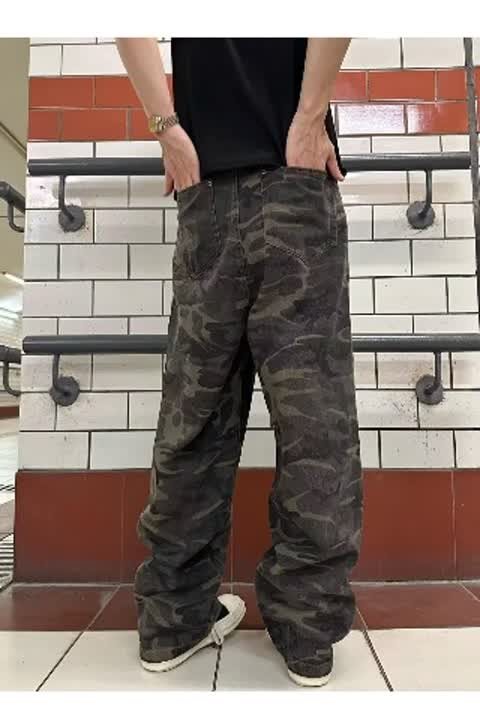 美式复古军绿迷彩牛仔裤工装直筒裤休闲裤高街裤子ins潮G377p45,男装休闲裤,电商D256-2(原A064-2)