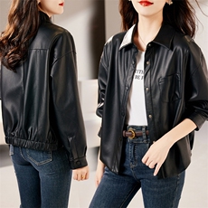 时尚百搭黑色皮衣外套女秋冬季新款宽松显瘦长袖短款机车服上衣，女装皮衣，笃写