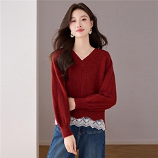 时尚蕾丝拼接假两件宽松高级感2025新款长袖针织衫女秋装新款上衣，女装羊毛衫，艾米
