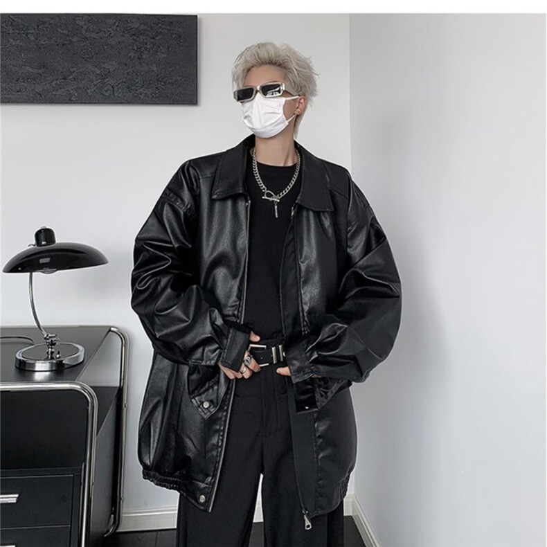 美式复古翻领pu皮衣夹克情侣ins潮牌帅气机车加绒皮衣外套男,男装夹克,星座410-7