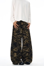 2025秋冬美式高街拖地复古阔腿迷彩休闲裤女慵懒宽松直筒长裤子潮，男装休闲裤，星座301D-3