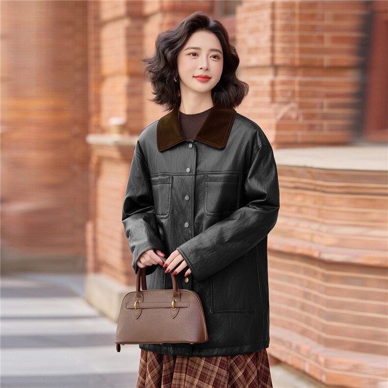 欧版宽松显瘦中长款羽绒皮衣女冬季款设计感口袋PU皮白鸭绒羽绒服，女装皮衣，美拉德工厂直营店