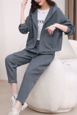 春季新款时尚针织连帽套装显瘦修身休闲两件套，女装套装/套裙，梦芯尔
