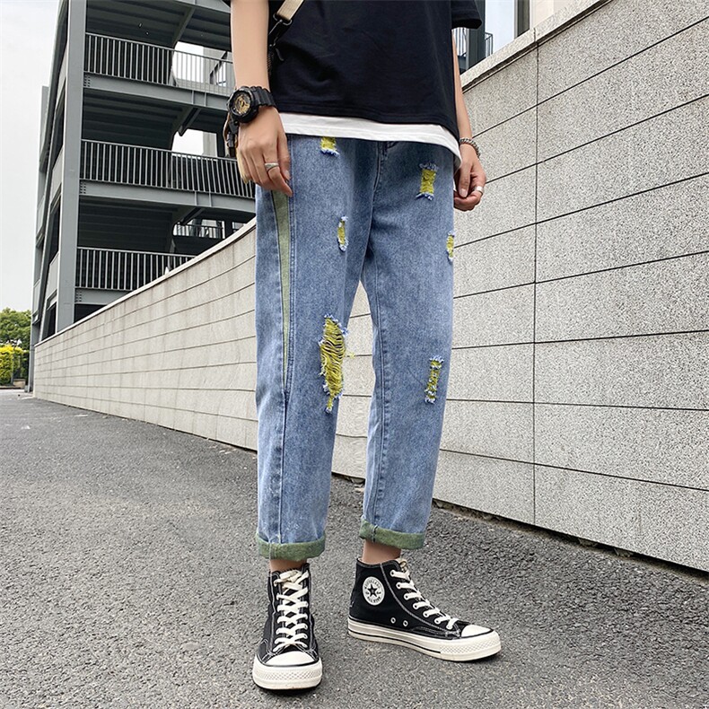 男士牛仔裤夏季宽松直筒韩版潮流休闲阔腿破洞九分长裤子K240-P50图片