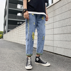 男士牛仔裤夏季宽松直筒韩版潮流休闲阔腿破洞九分长裤子K240-P50图片