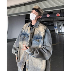 DN985-P72牛仔衬衫外套男废土风重磅做旧宽松休闲长袖春秋季衬衣图片