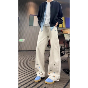 1506/Q6620/P50杏色美式卡通刺绣直筒工装裤子小众设计感长裤图片