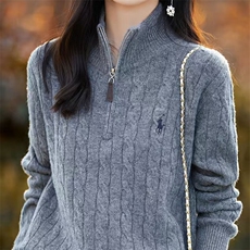 精纺羊毛衫女半开领拉链立领纯色宽松内搭长袖毛衣宽松针织打底衫，女装针织衫/毛衣，萱芳婷羊绒