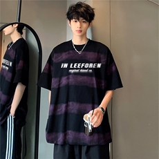 美式复古少年感慵懒潮牌短袖时尚T恤条纹印花宽松重磅t361-P28，男装T恤，电商C307